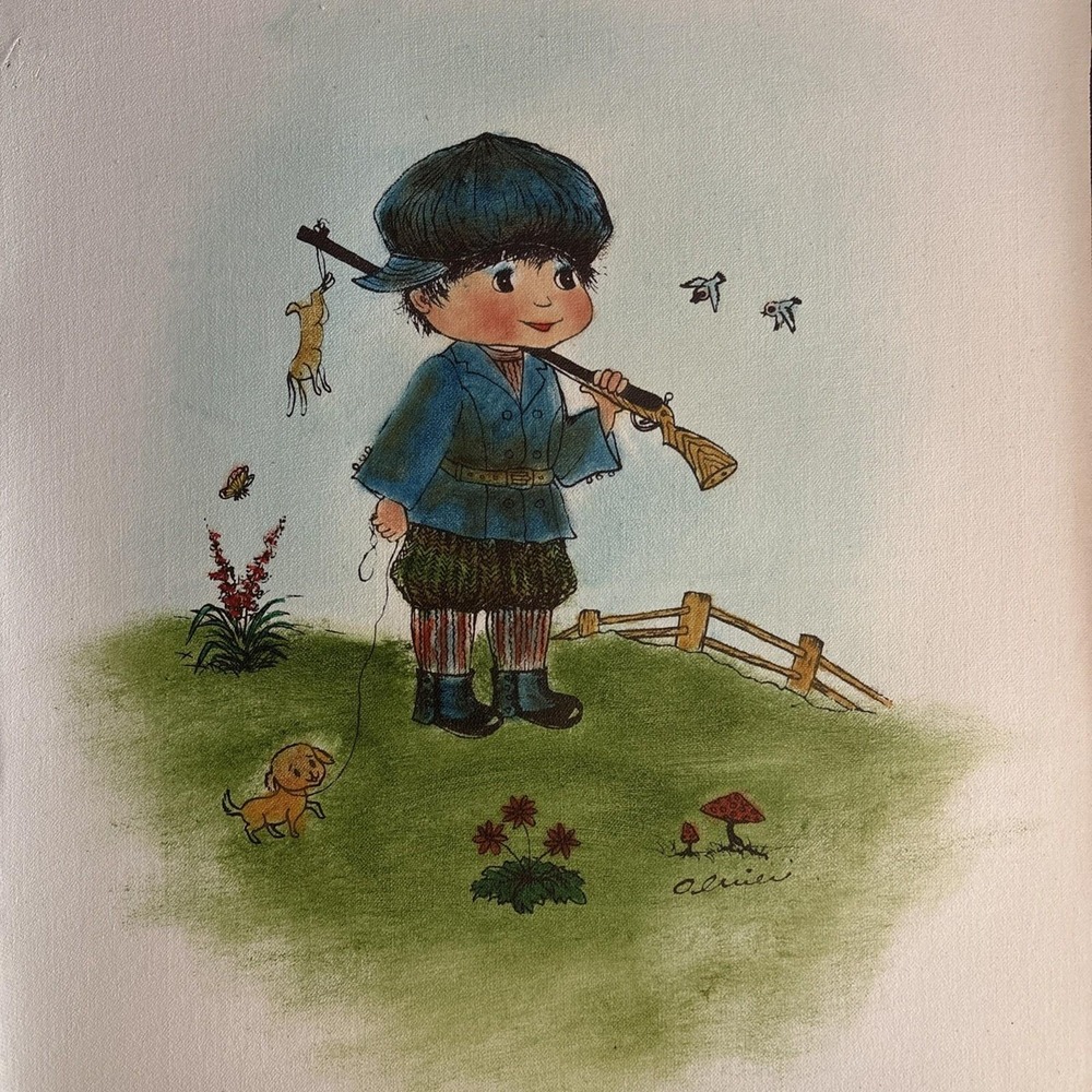 Vintage Olivia Print Child with Dog &‎ Deer Storybook Style Art 19x15.5